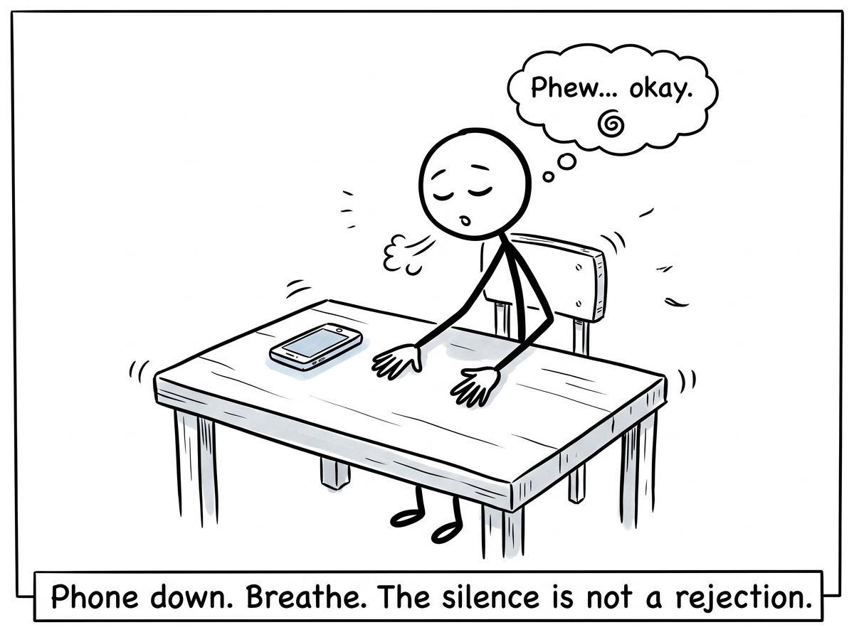 The stick figure putting the phone face-down on the table and placing both hands flat, taking a slow breath