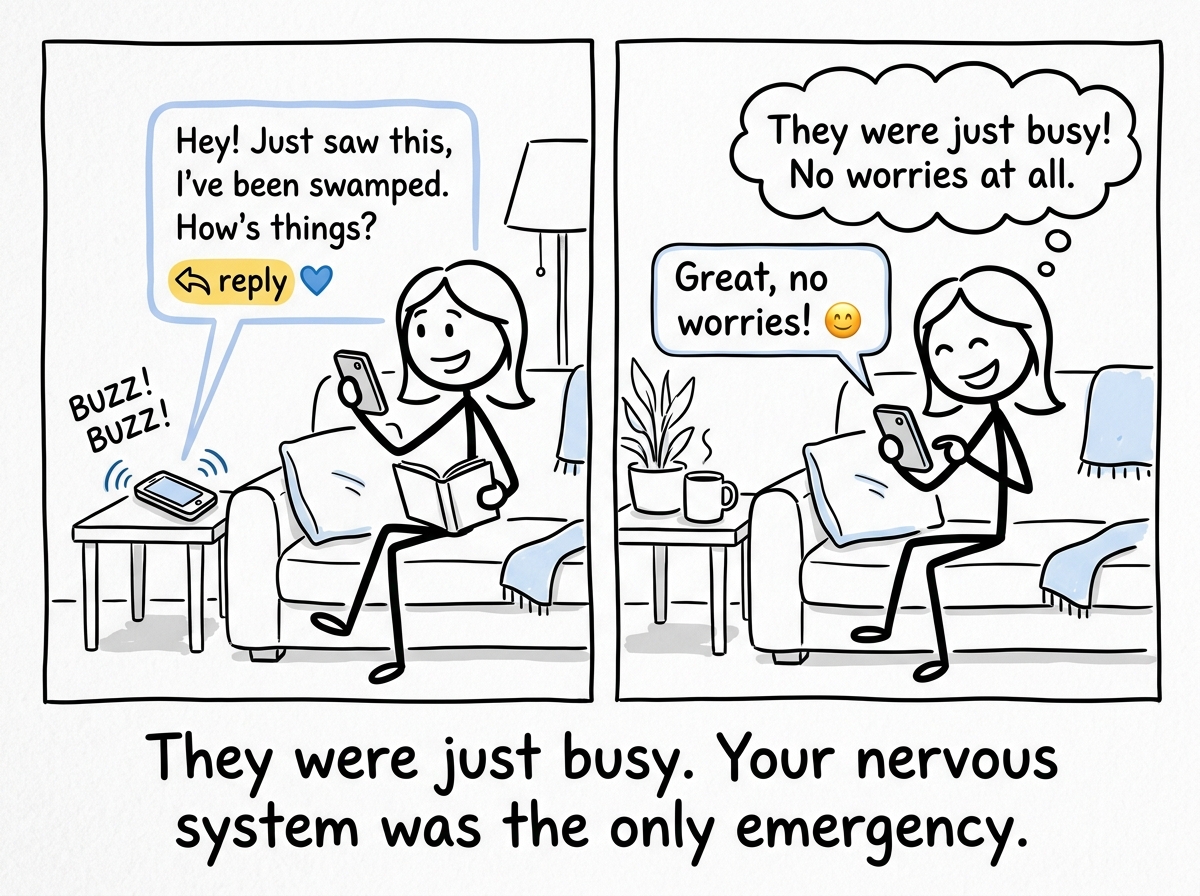 The phone buzzes with a casual reply. The figure smiles and picks it up calmly, no crisis, no spiral