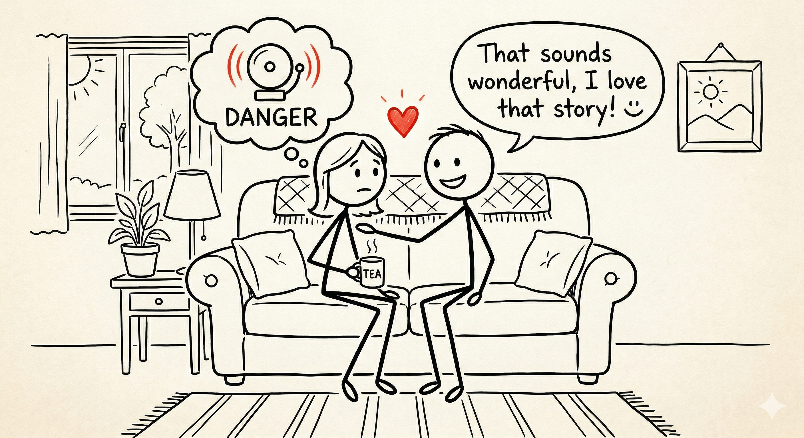 The same two stick figures, but one has a thought bubble with a flashing alarm icon and the word 'DANGER' while the other smiles contentedly