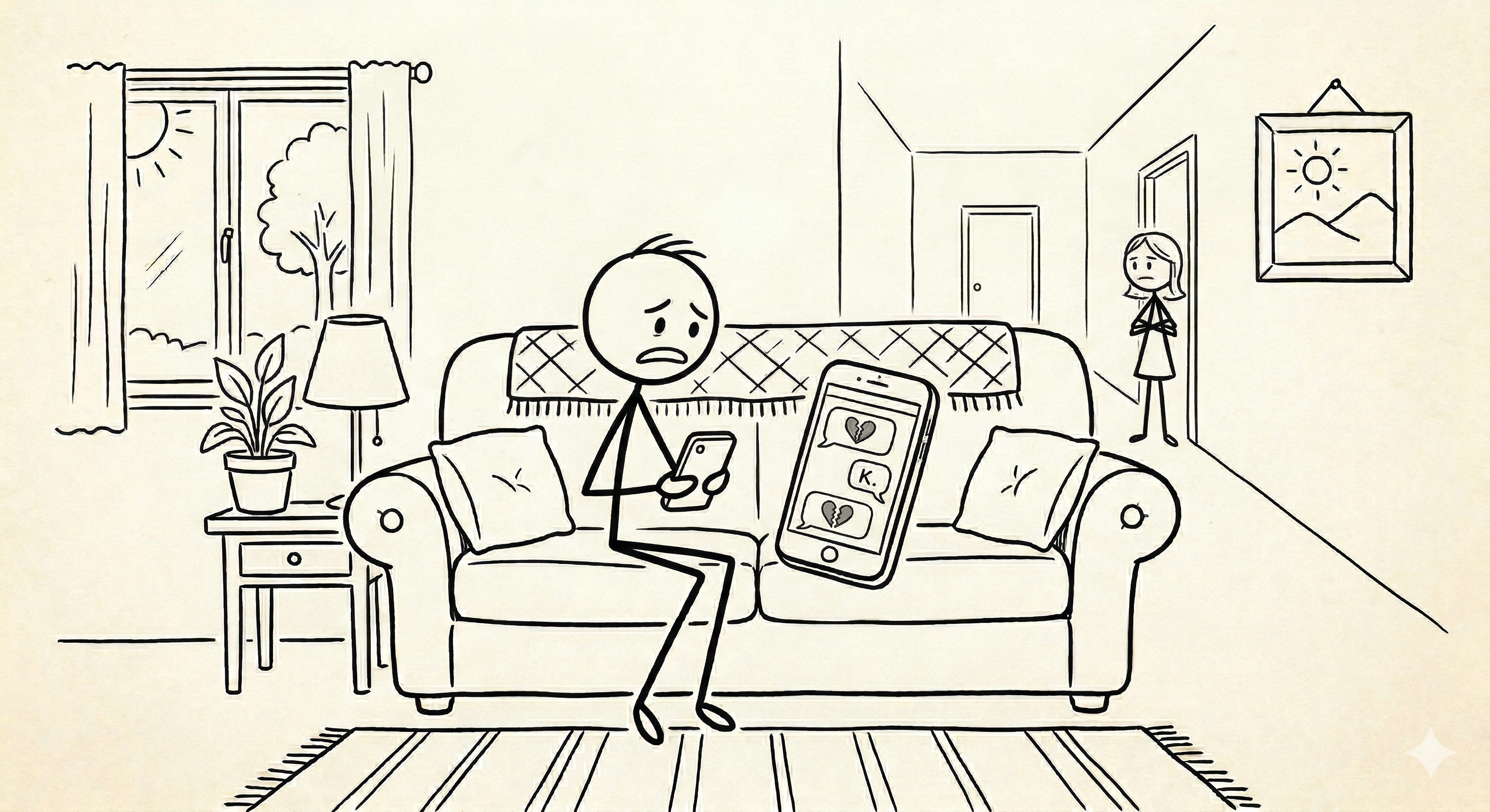 One stick figure looking at their phone showing a short, distant text reply while the other stick figure is shown far away with arms crossed