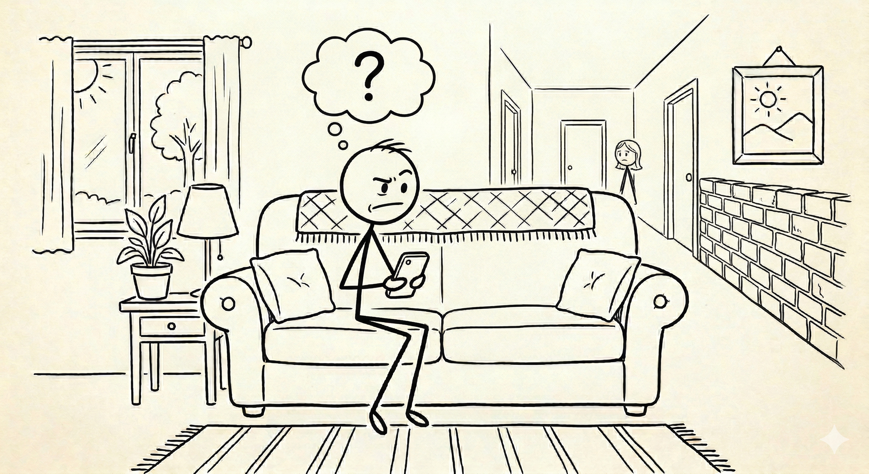 The left-behind stick figure with a confused expression and a thought bubble showing a question mark, while the distant stick figure is behind a wall they built