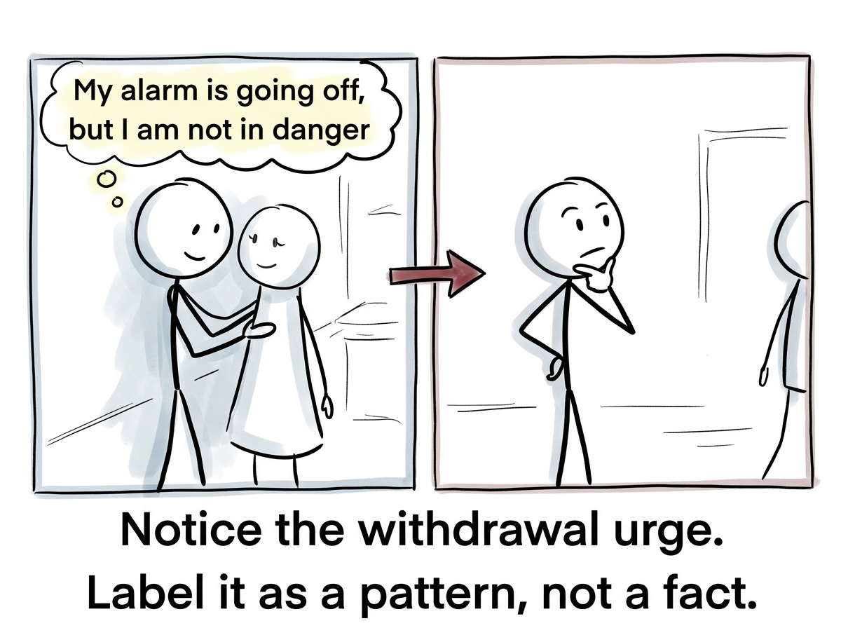 A stick figure noticing the urge to withdraw after a close moment, with a thought bubble reading 'My alarm is going off, but I am not in danger'