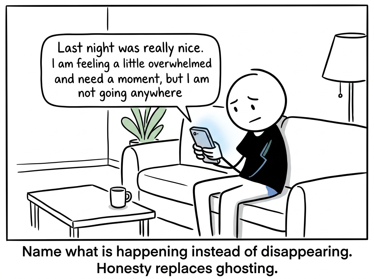The figure sending an honest text: 'Last night was really nice. I am feeling a little overwhelmed and need a moment, but I am not going anywhere'