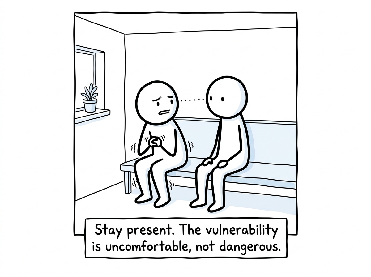 The figure sitting with the discomfort of closeness, hands slightly shaking but staying present in the room