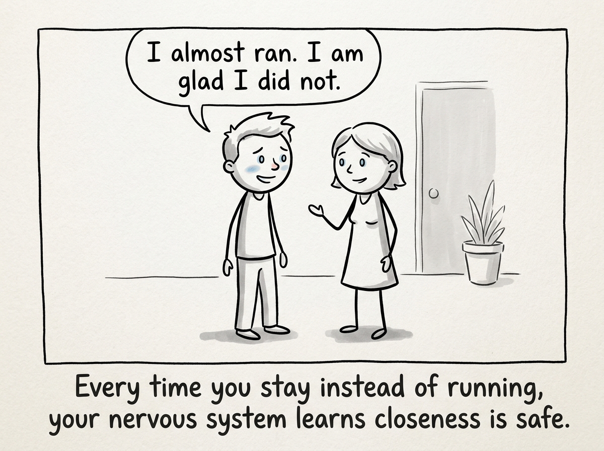 Both figures together the next day, the avoidant one saying 'I almost ran. I am glad I did not' with a small, genuine smile