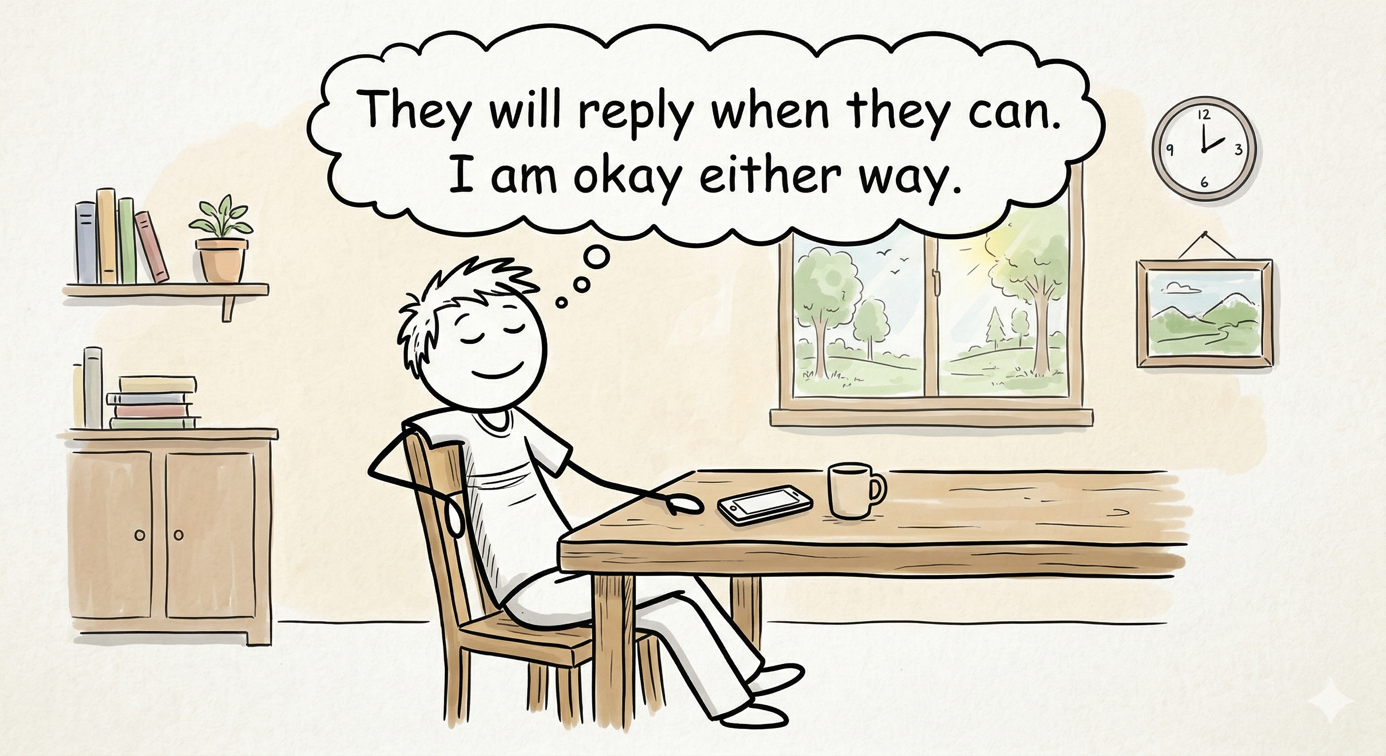 A relaxed stick figure with a small smile, phone on the table, with a calm thought bubble reading 'They will reply when they can. I am okay either way.'
