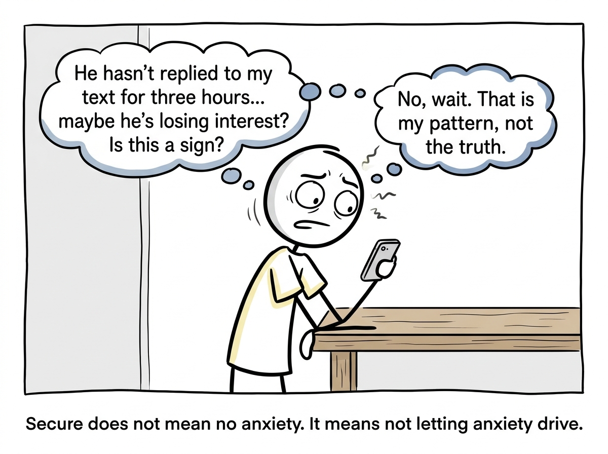 A stick figure feeling a flicker of anxiety about a late reply, noticing it and saying 'That is my pattern, not the truth'
