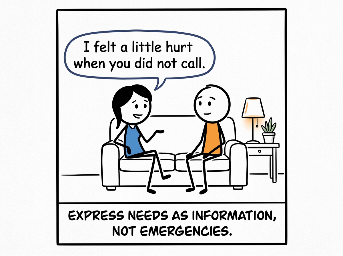 The figure saying to a partner 'I felt a little hurt when you did not call' calmly, without accusation or panic