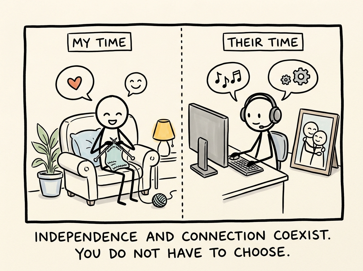 The figure comfortably spending time alone, engaged in a hobby, while their partner is elsewhere