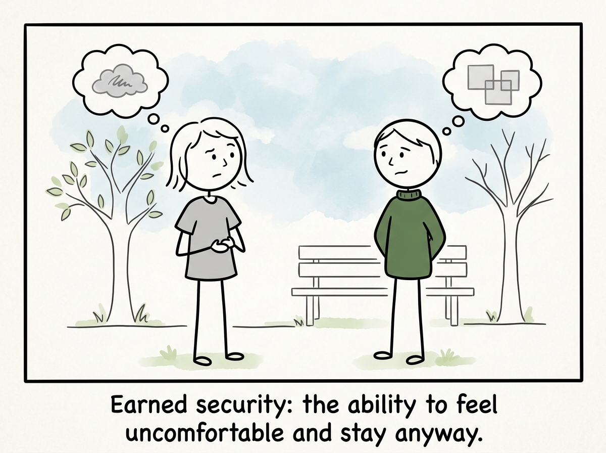 The figure and their partner having a calm disagreement, both listening, neither running or chasing