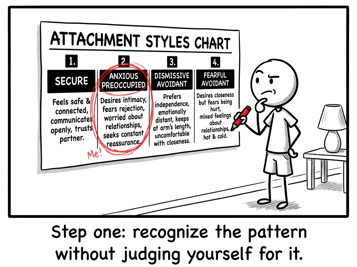 A stick figure looking at a chart of attachment styles and circling their own pattern with a thoughtful expression