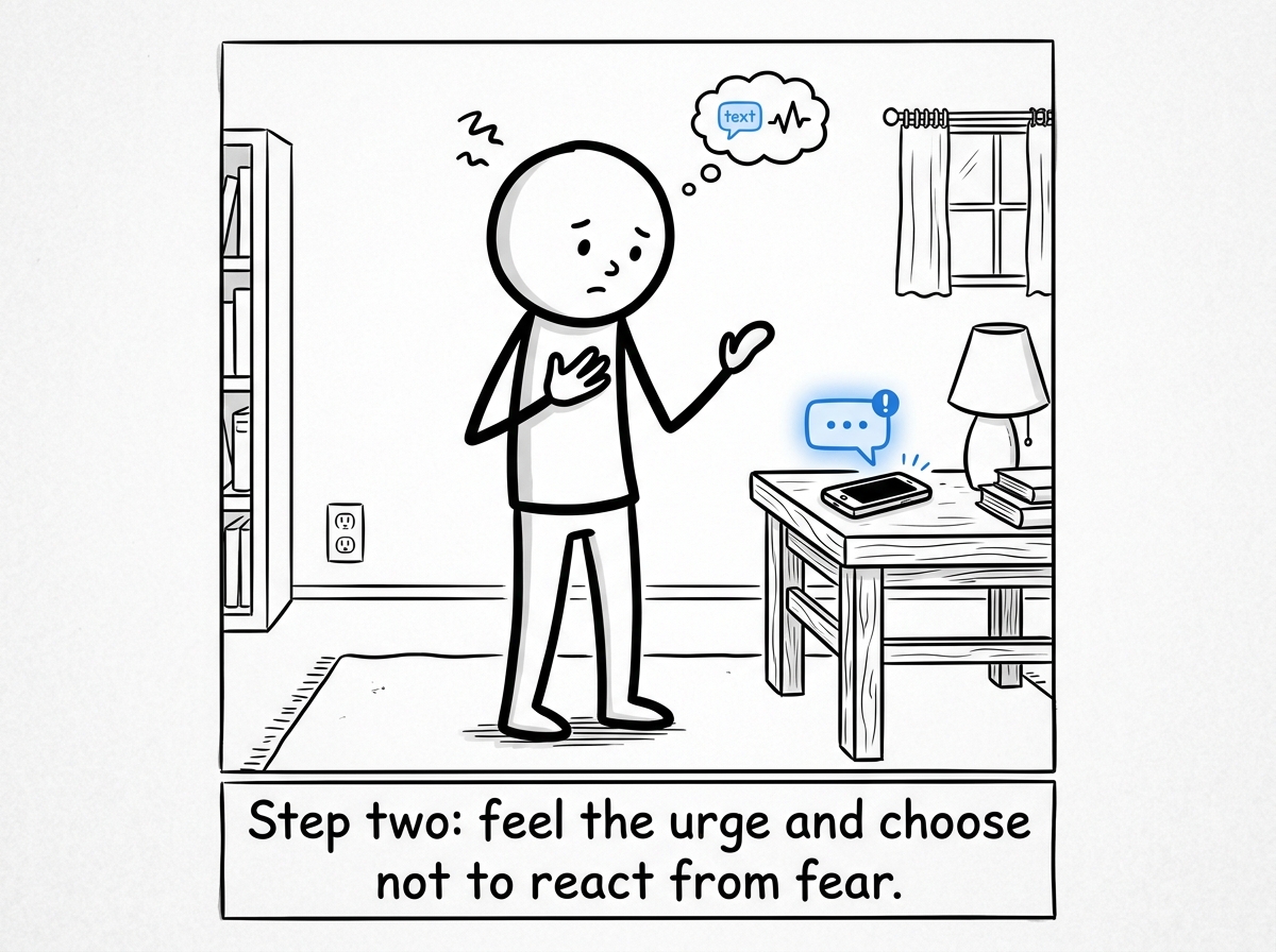 The stick figure noticing their anxious urge to text again, pausing with a hand on their chest instead of reaching for the phone