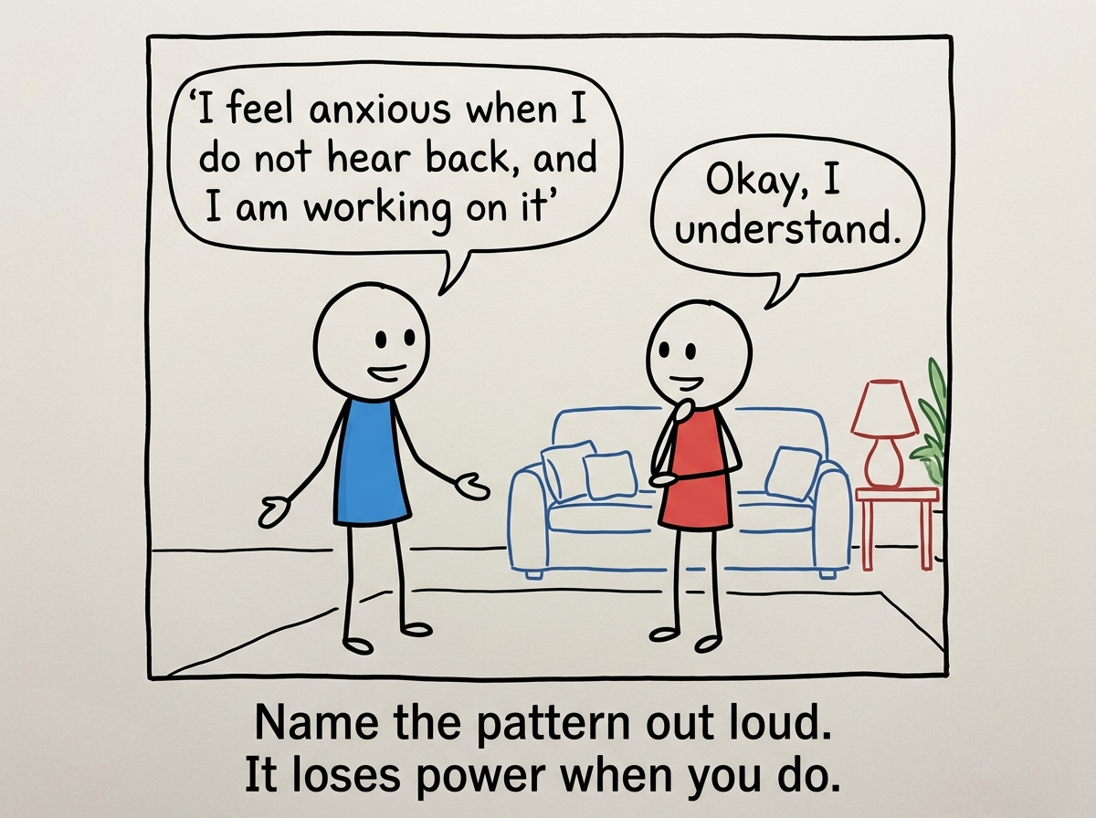 The stick figure calmly telling a partner 'I feel anxious when I do not hear back, and I am working on it' with an open posture