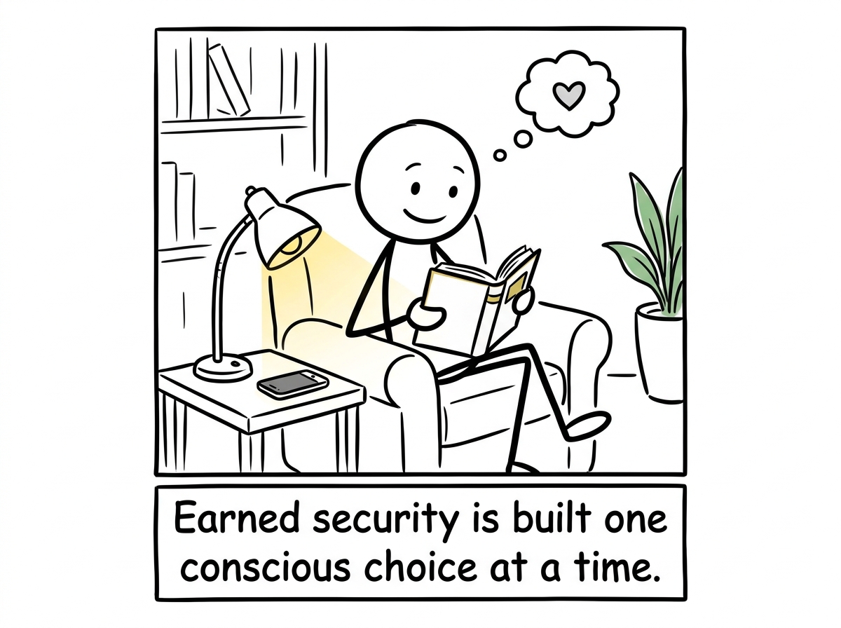 The stick figure sitting comfortably, phone on the table, reading a book with a small smile -- secure in themselves