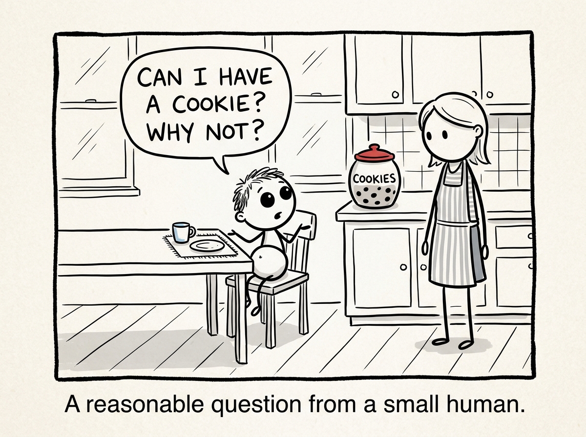 A small child sitting at a kitchen table, looking at a cookie jar on the counter. They turn to their parent with a curious expression and a speech bubble saying 'Can I have a cookie? Why not?'