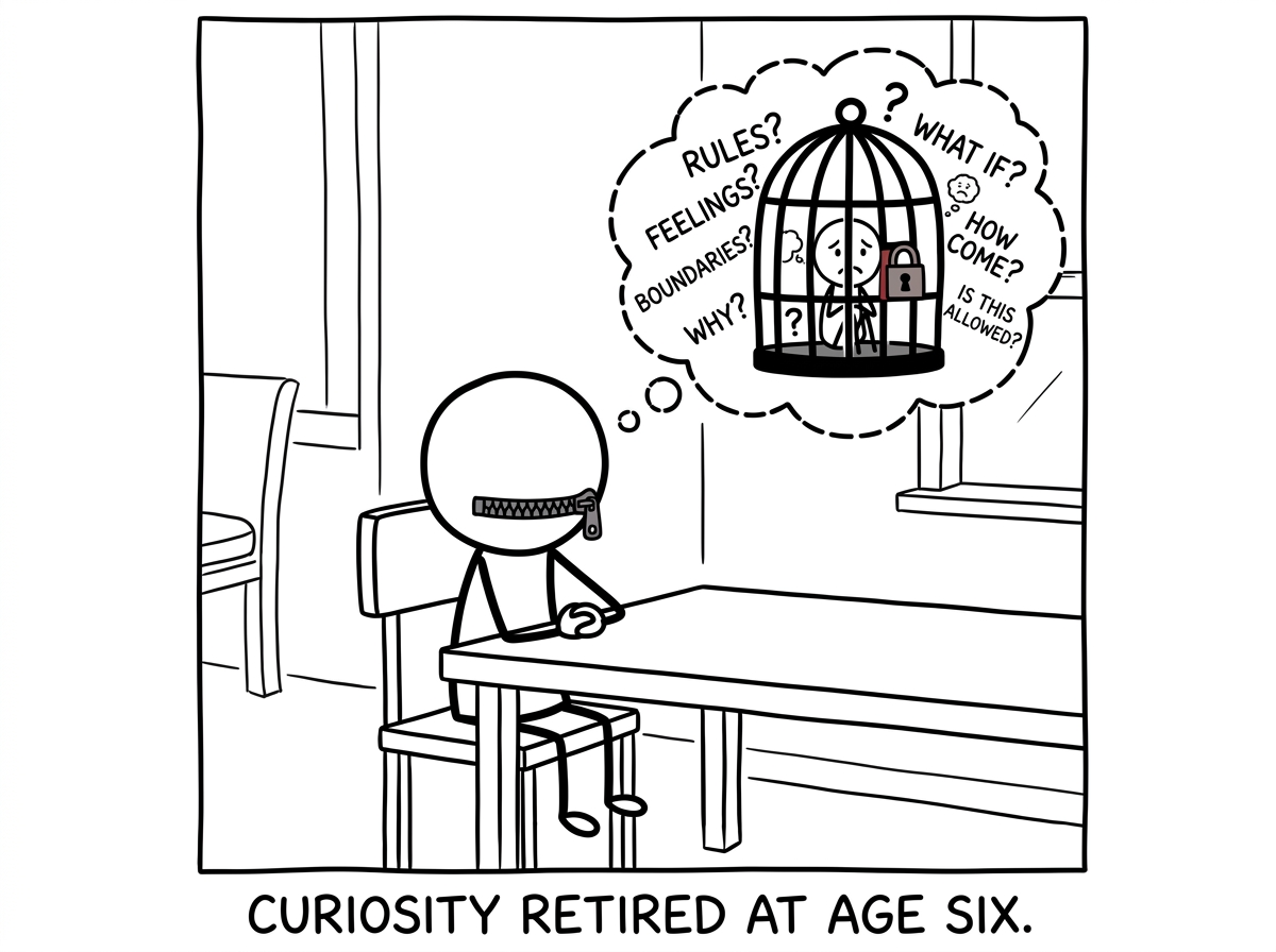 The child sitting quietly at the table with their hands folded, mouth zipped shut with a literal zipper. A thought bubble shows all their future questions — about rules, feelings, boundaries — locked inside a cage