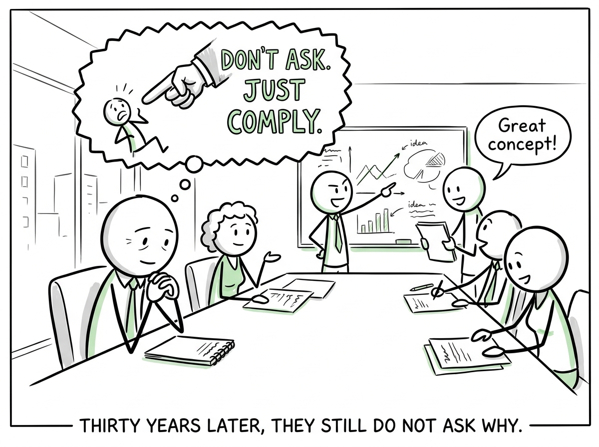 The same child, now an adult at a work meeting, sitting silently while everyone else shares ideas. A thought bubble shows the old giant pointing finger and the words 'Don't ask. Just comply'