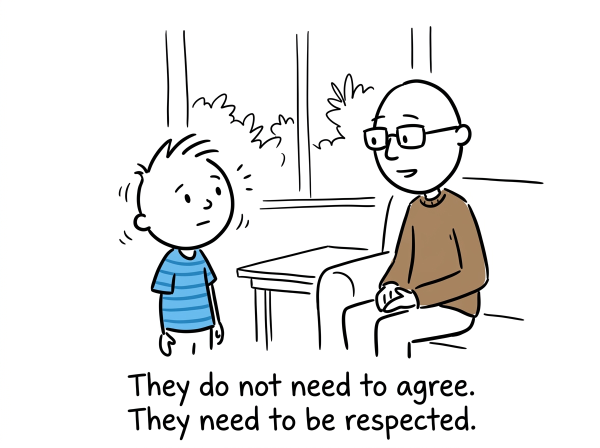 The child nodding, not thrilled but understanding, their curiosity intact and their trust growing