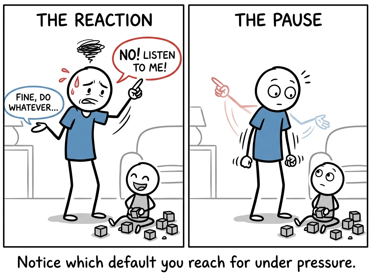 A stick figure parent noticing their automatic response forming -- either the authoritarian finger-point or the permissive shrug -- and catching it