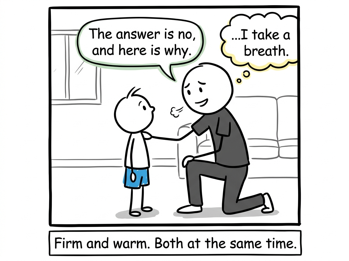 The parent taking a breath and choosing the middle path: saying 'The answer is no, and here is why' while kneeling at the child's level