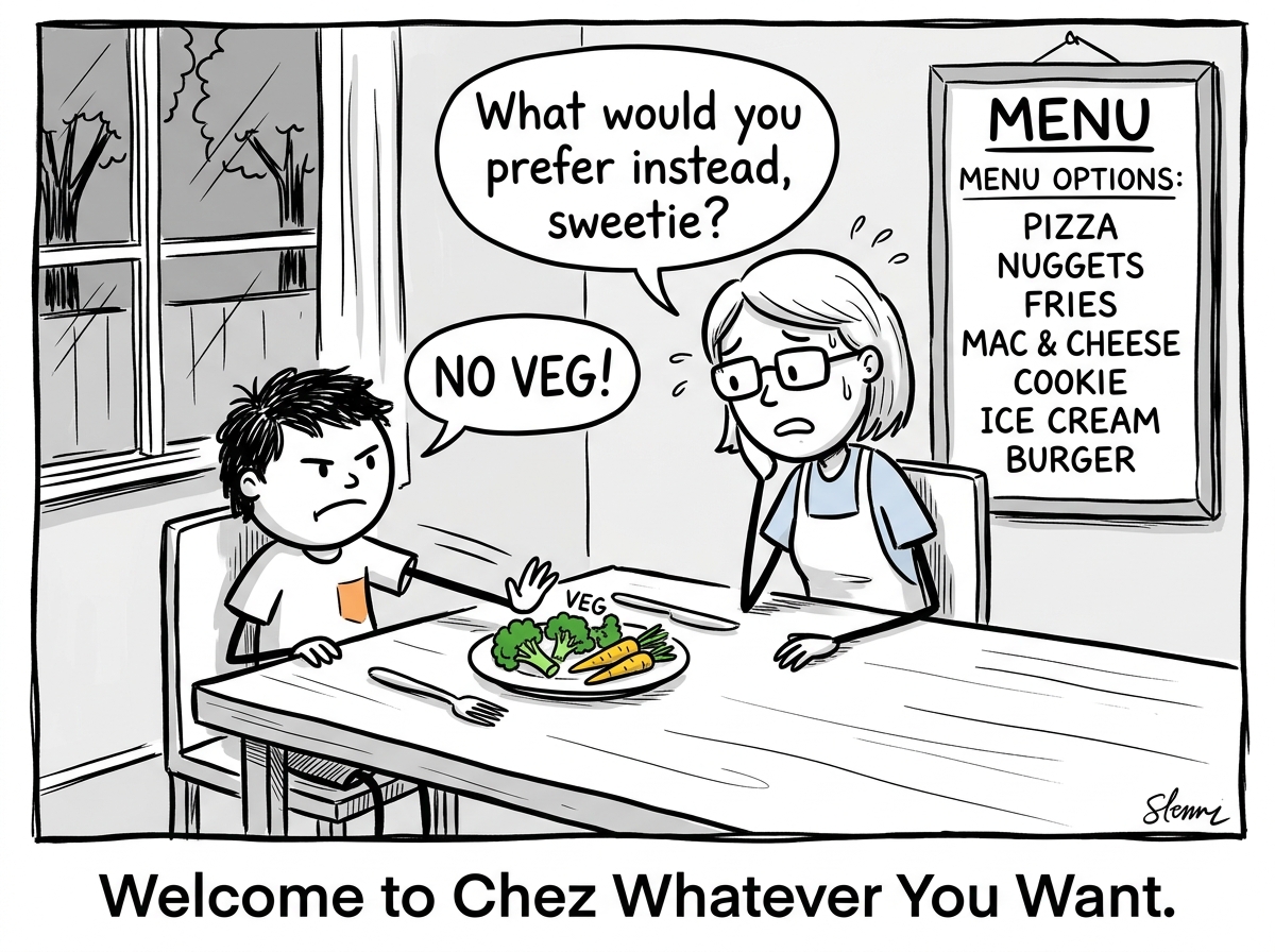 A child at the dinner table pushing away a plate of vegetables. The parent nervously asks 'What would you prefer instead, sweetie?' A menu of options appears behind the parent like a restaurant