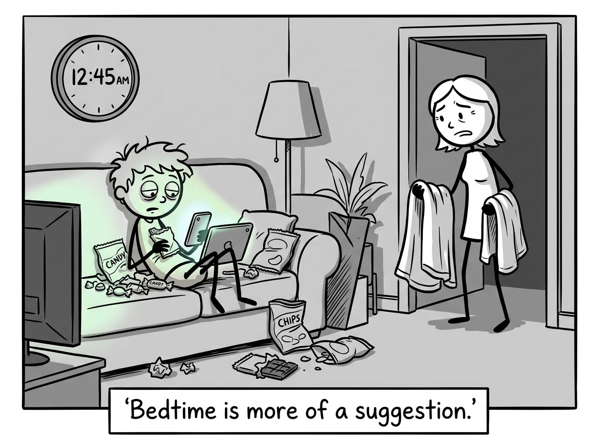 The child now sitting on the couch past midnight, surrounded by candy wrappers and glowing screens. The parent stands in the doorway looking worried but saying nothing, holding a blanket they will not enforce using