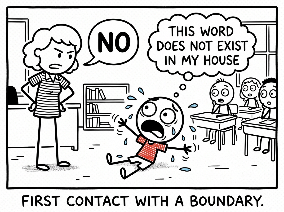 The child at school, melting down because the teacher said 'no' for the first time. The child's face shows complete shock. A thought bubble reads 'This word does not exist in my house'