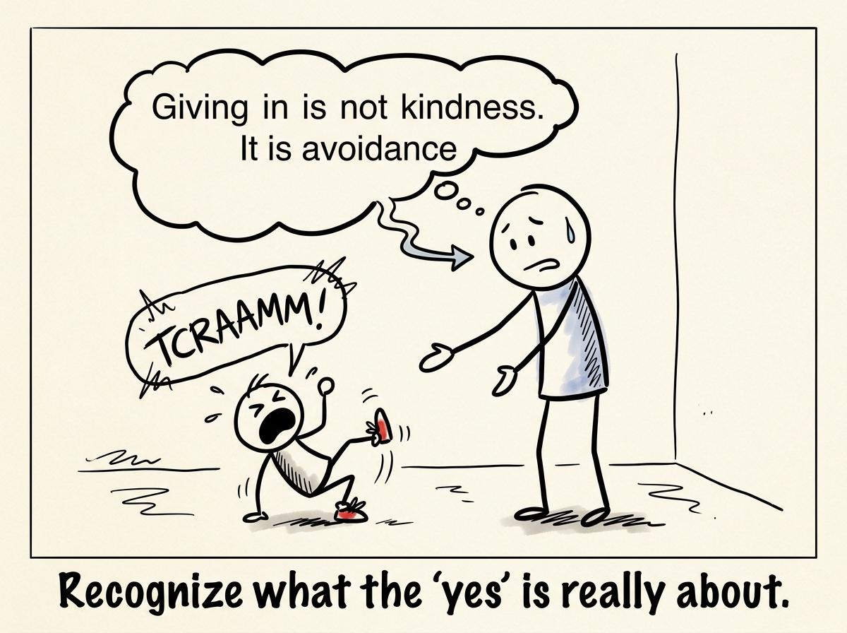 A stick figure parent feeling the pull to say yes to avoid a tantrum, pausing and thinking 'Giving in is not kindness. It is avoidance'