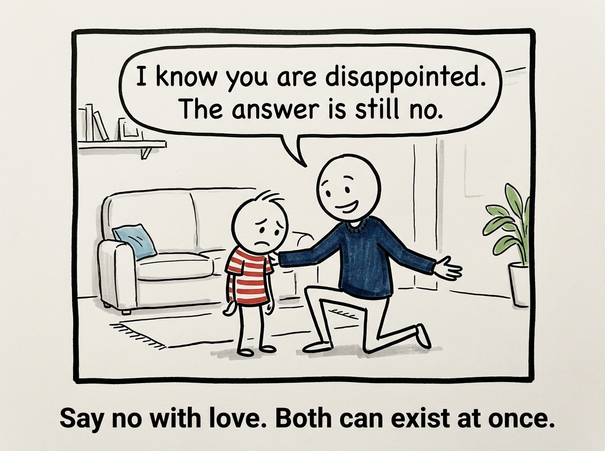 The parent saying 'I know you are disappointed. The answer is still no' with warmth in their voice and steadiness in their posture