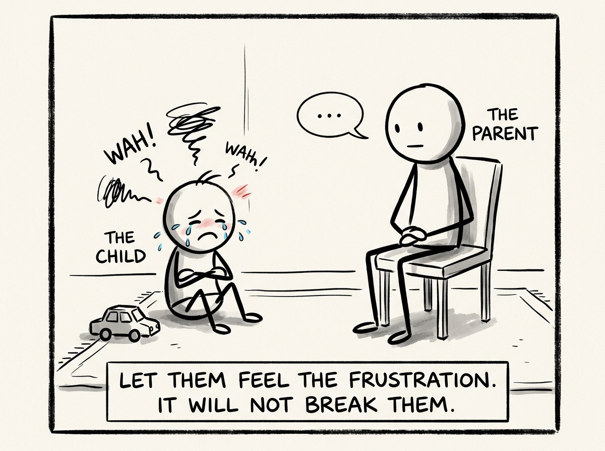 The child crying, the parent sitting nearby without caving, present but firm, letting the disappointment happen