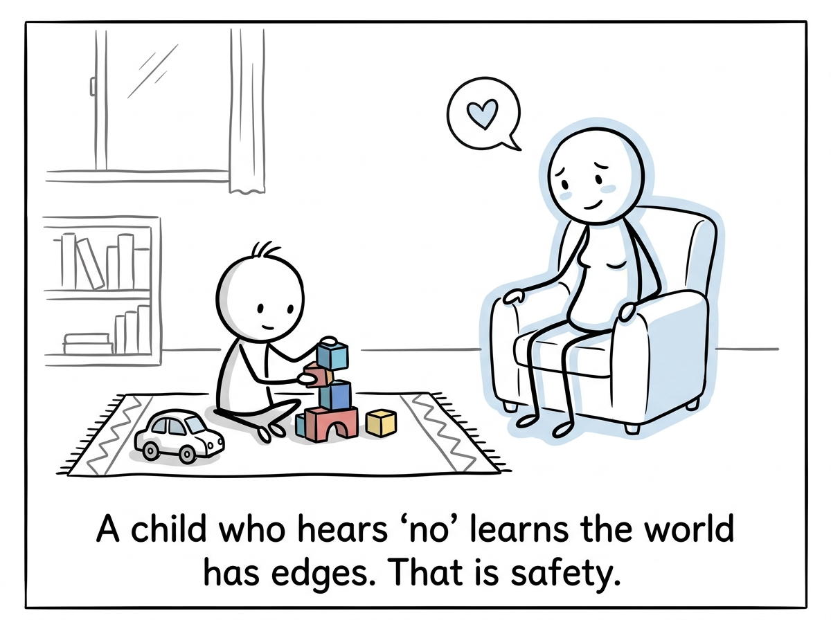 The child, calm now, playing independently. The parent watching with relief, knowing the boundary held and the relationship survived