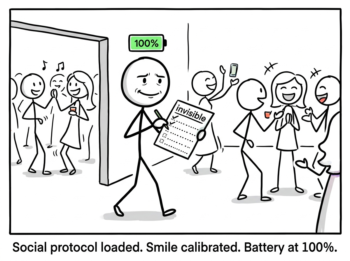 A stick figure arriving at a party holding an invisible checklist, with a battery icon above their head showing 100 percent full, their face set in a carefully practiced smile