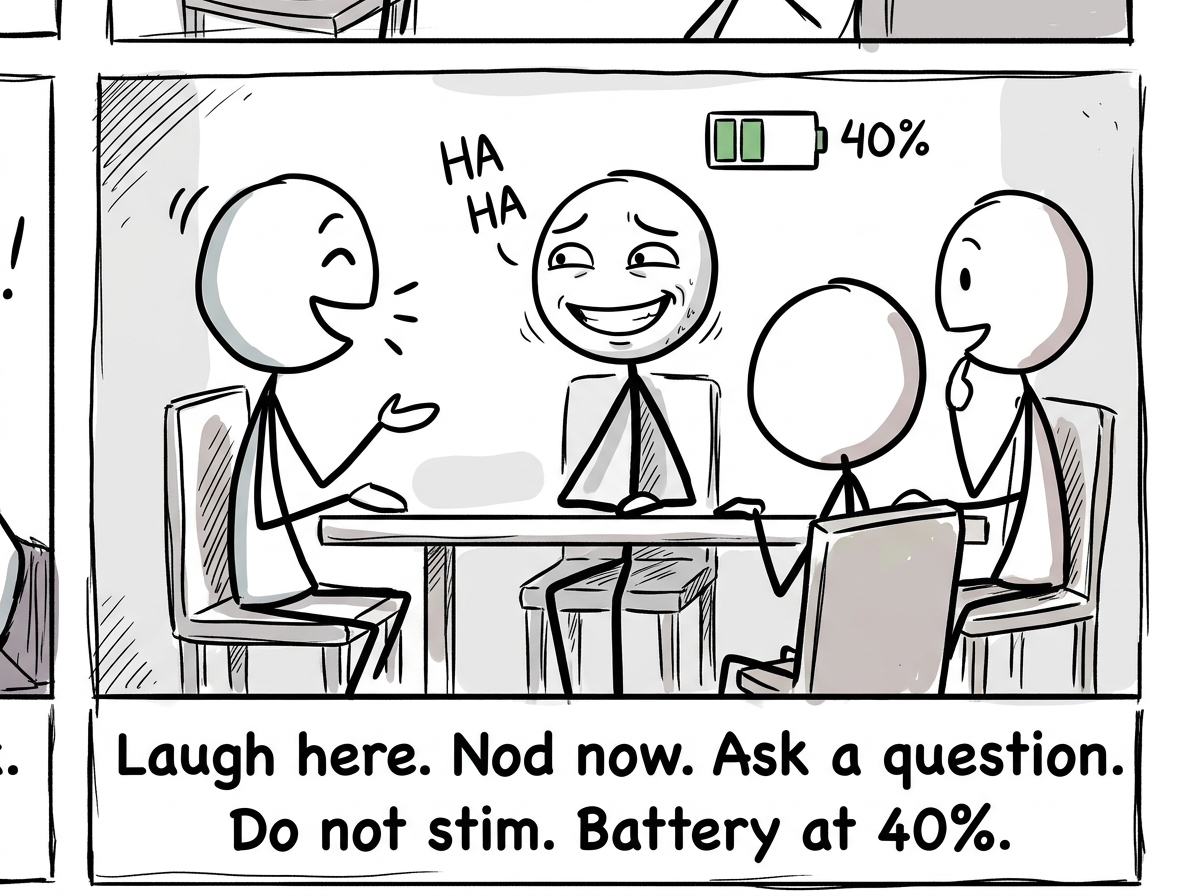 The stick figure in a group conversation, making eye contact, laughing on cue, while the battery icon shows 40 percent and the practiced smile is starting to strain