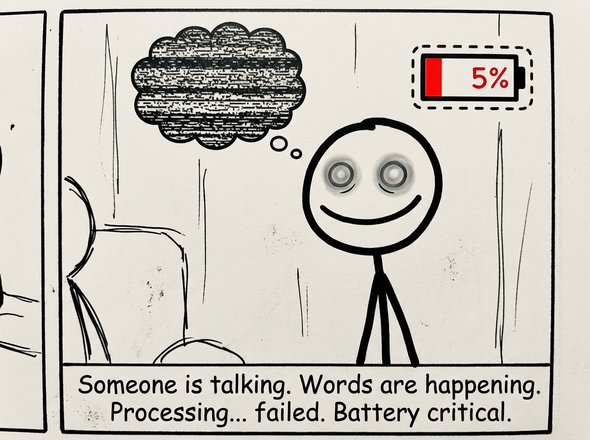 The stick figure still smiling but their eyes are glazed, the battery icon shows 5 percent and is flashing red, a thought bubble shows TV static