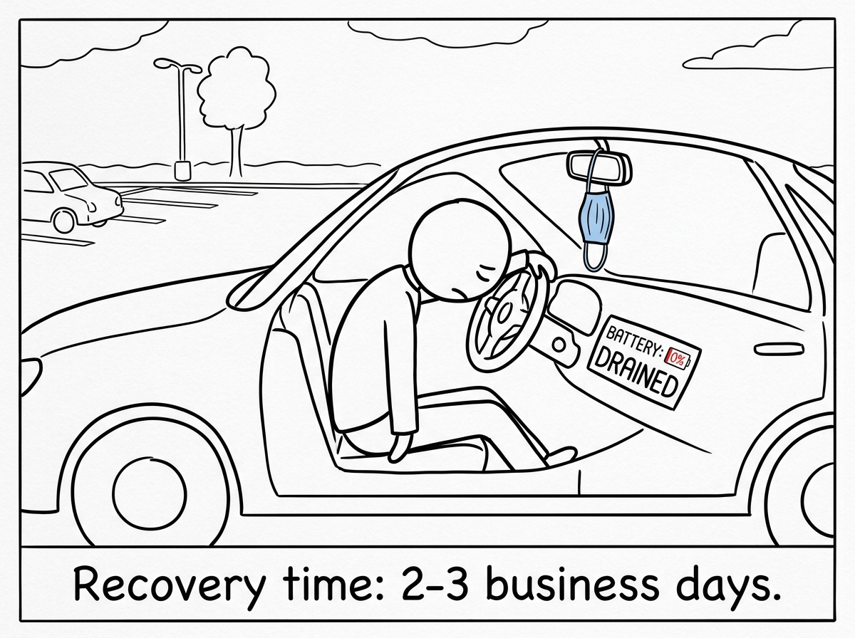 The stick figure sitting alone in their car in the parking lot, mask literally removed, slumped over the steering wheel with the battery at 0 percent, completely drained