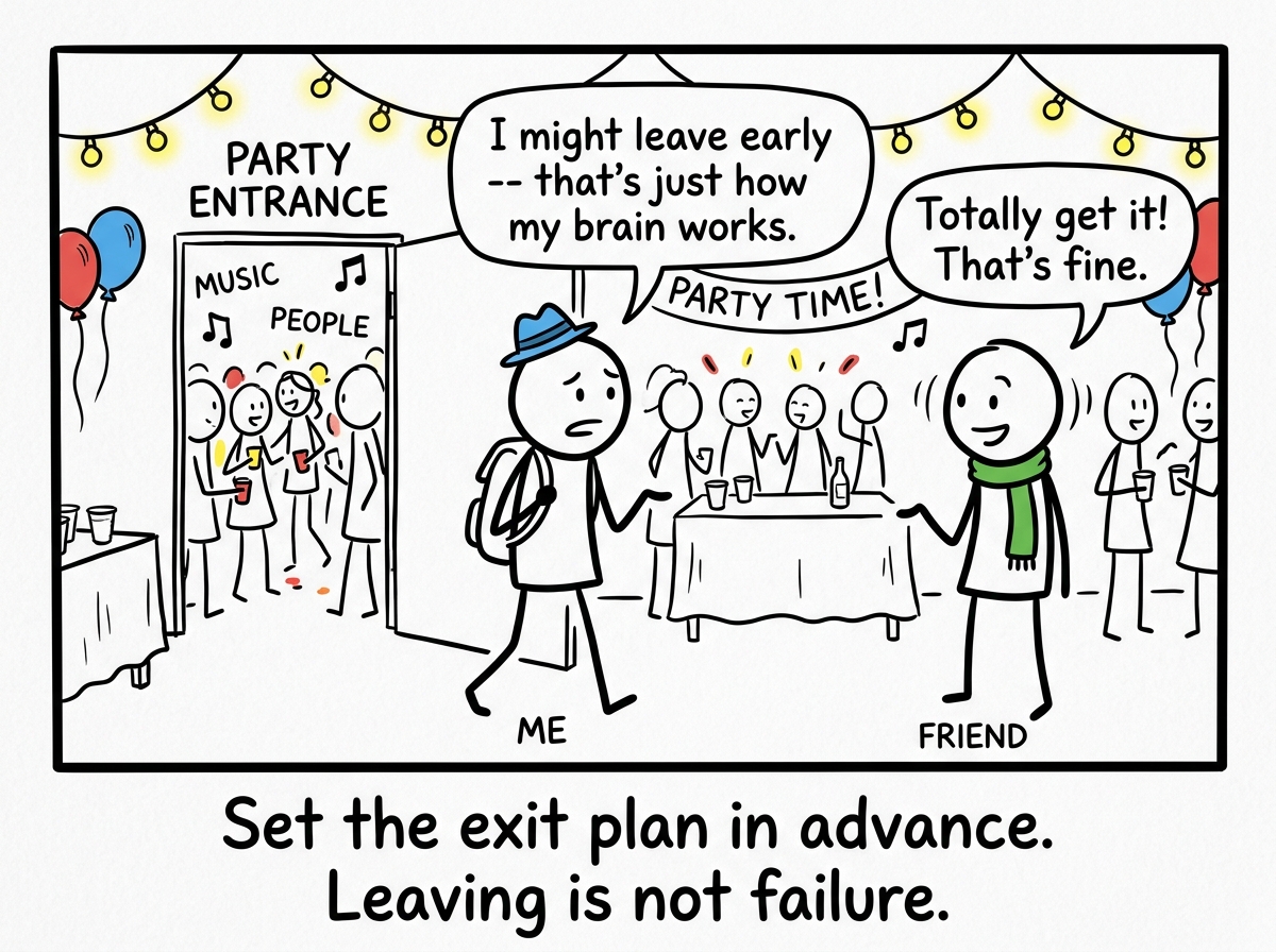 The stick figure arriving at the party but telling a trusted friend 'I might leave early -- that's just how my brain works' and the friend nodding