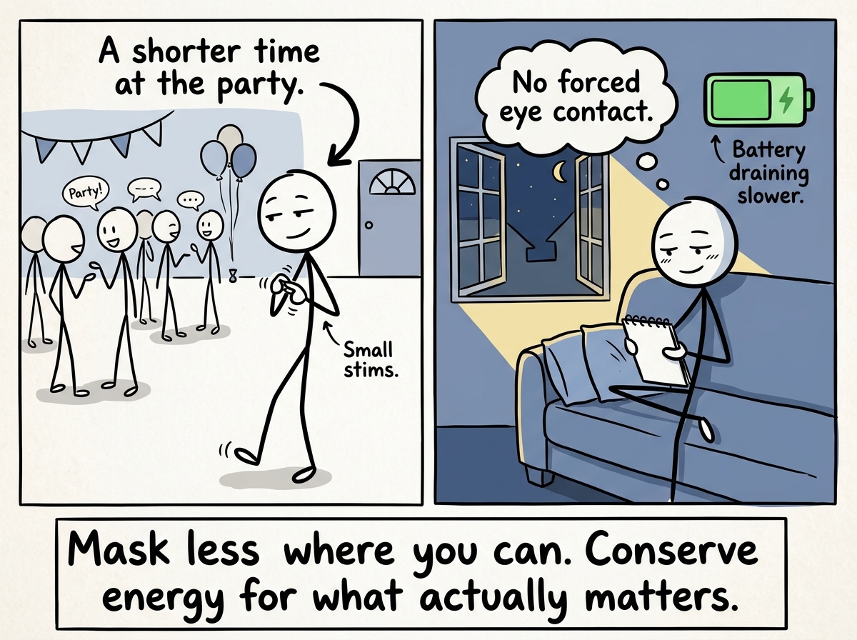 The stick figure at the party for a shorter time, allowing small stims and skipping the forced eye contact, battery draining slower than usual