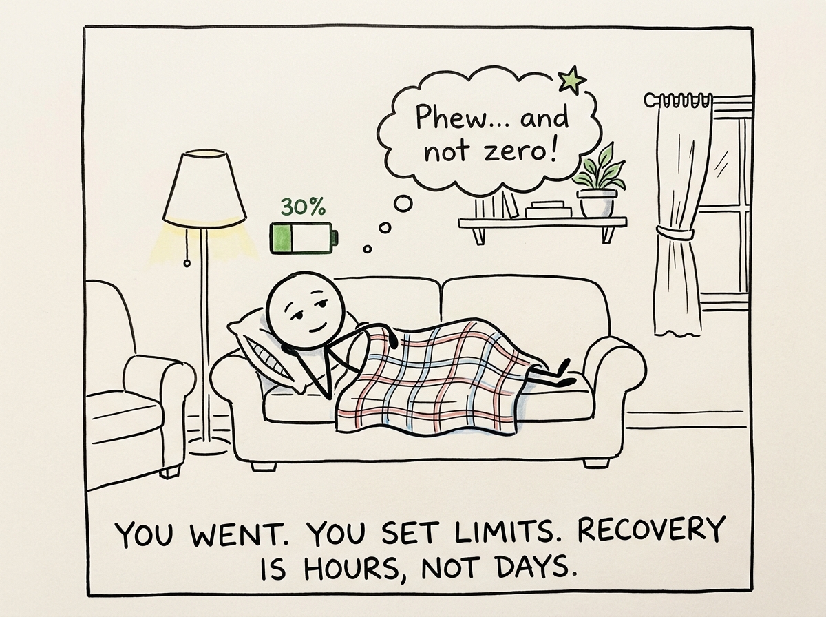 The stick figure at home afterward with the battery at 30 percent instead of zero, resting but not completely demolished