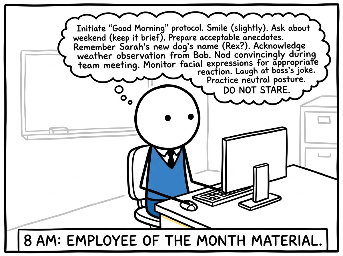 A stick figure at a workplace, sitting upright at a desk, wearing business clothes, making perfect eye contact, with a thought bubble showing a complex social script