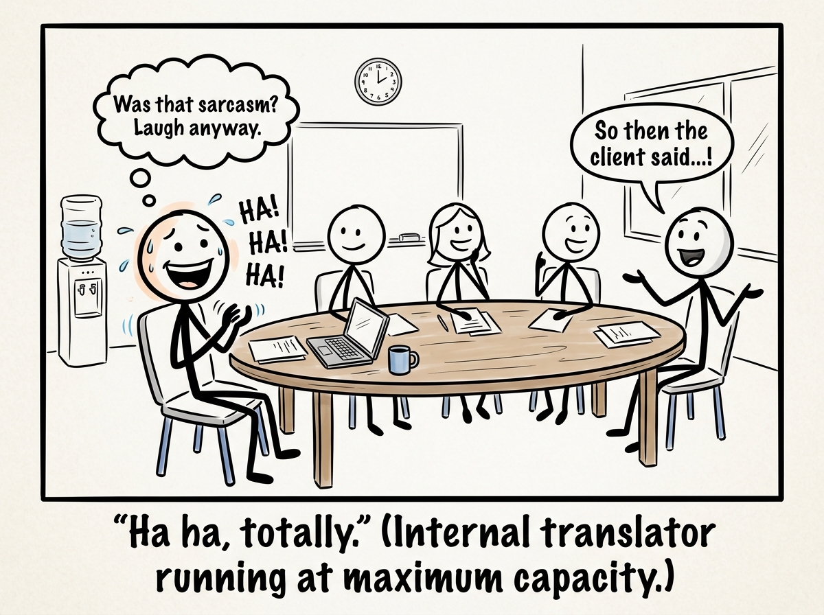 The same stick figure in a meeting, laughing at a joke they do not understand, a tiny subtitle in their thought bubble reads 'Was that sarcasm? Laugh anyway.'