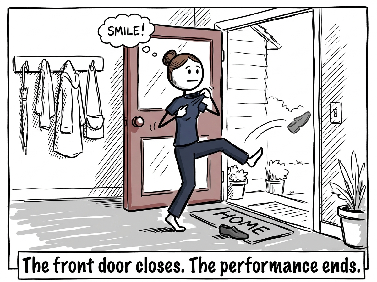 The stick figure walking through their front door, already pulling off uncomfortable clothes, shoes kicked off mid-stride, facial expression shifting from practiced smile to neutral relief