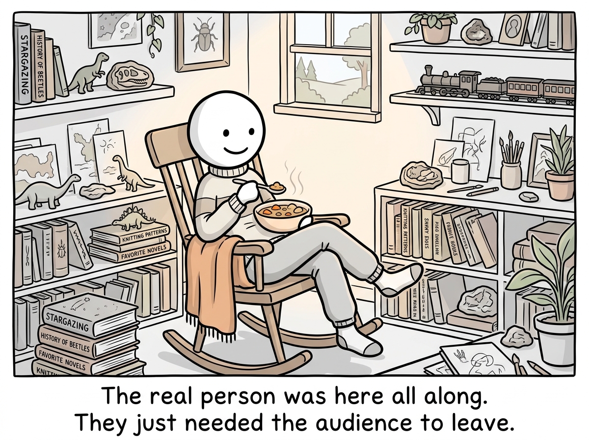 The stick figure in cozy clothes, happily rocking in a chair, surrounded by their special interest items, eating comfort food, completely at peace with no mask in sight