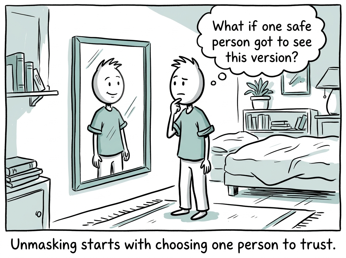 A stick figure at home, looking at their unmasked self in a mirror and thinking 'What if one safe person got to see this version?'