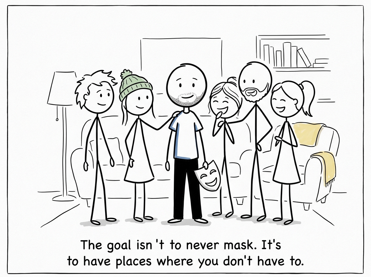 The stick figure with a few trusted people who know both versions, the gap between masked and unmasked selves a little smaller than before
