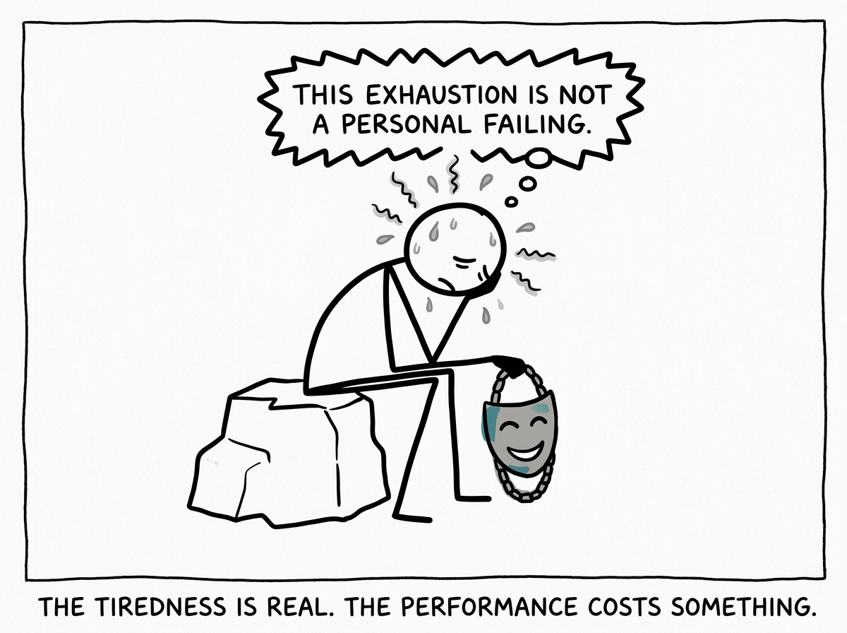 A stick figure recognizing the weight of the mask they wear, thinking 'This exhaustion is not a personal failing'