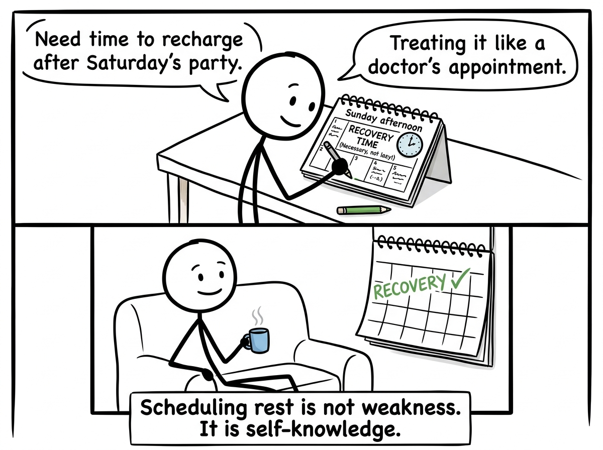 The stick figure building recovery time into their calendar after social events, treating it as necessary, not lazy