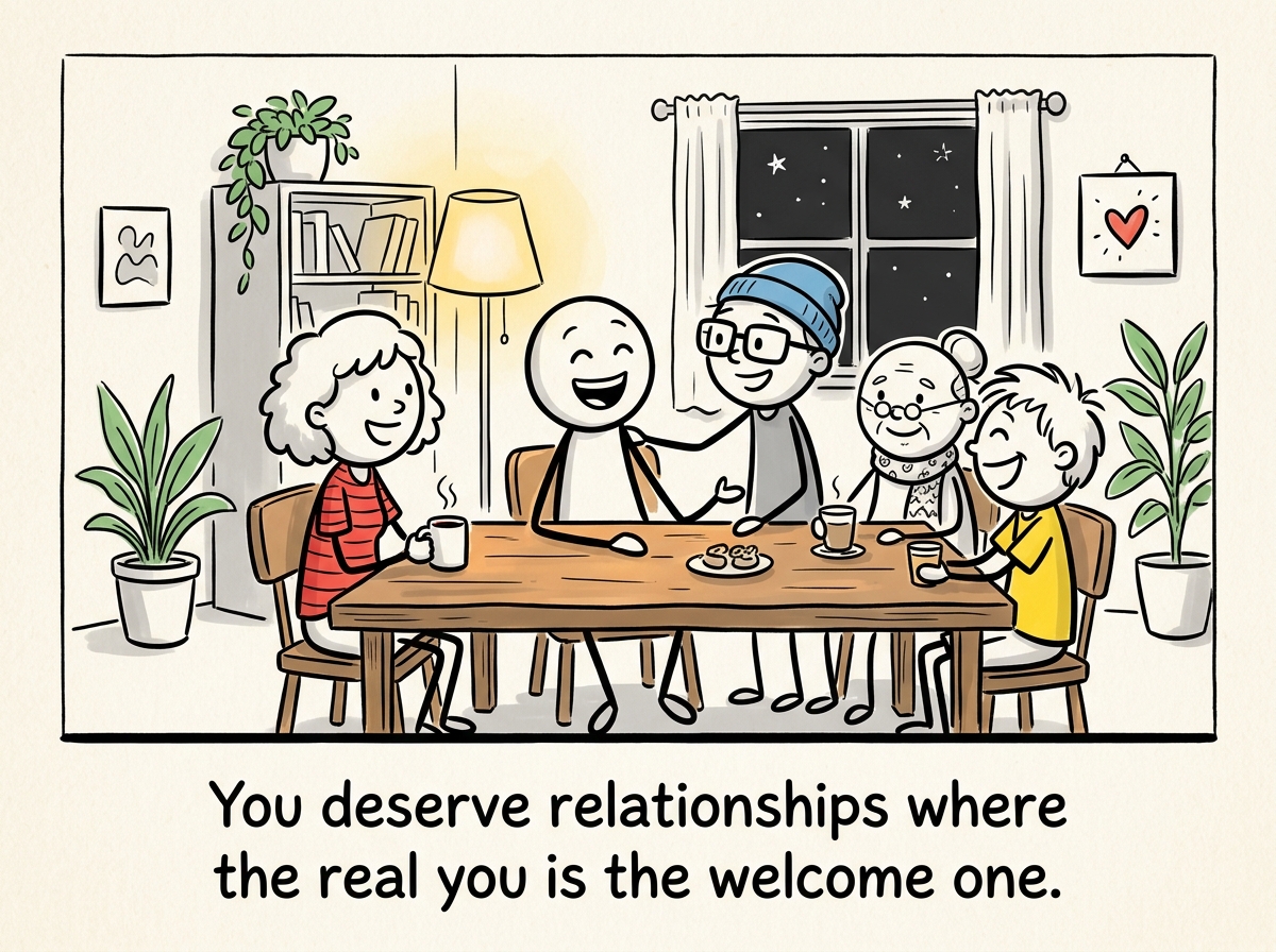 The stick figure in a space where they are unmasked and at ease, with people who know the real version