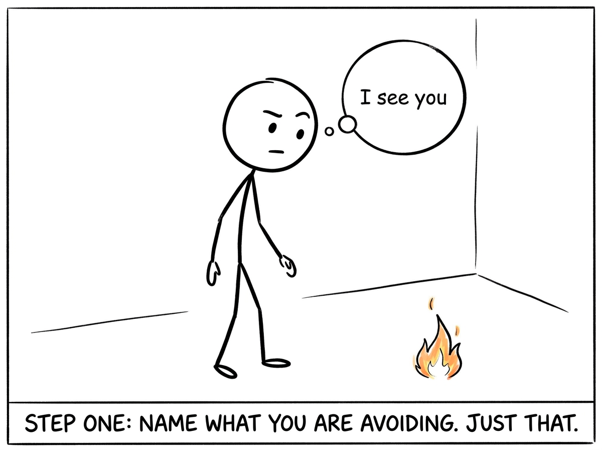 A stick figure noticing a small flame in the corner and pausing instead of looking away, thought bubble reading 'I see you'