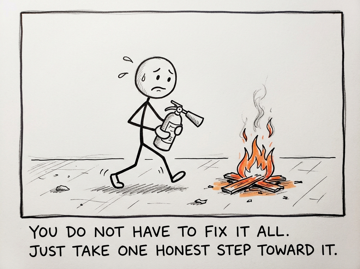 The stick figure taking one small step toward the flame with a fire extinguisher, looking nervous but moving forward