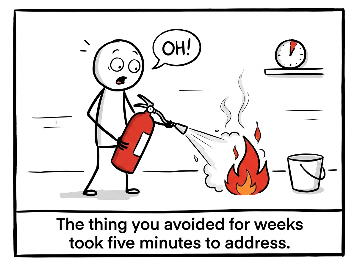 The stick figure spraying the small flame and watching it shrink, surprised expression on their face